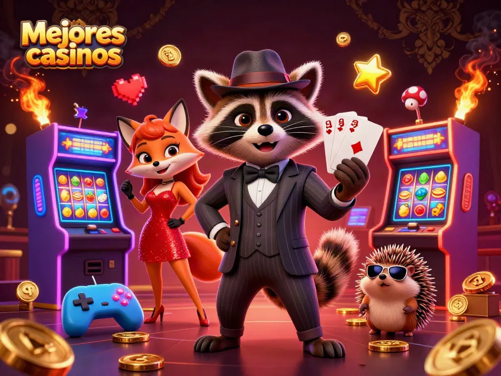 Mejores casinos: personaje de un mapache elegante esperando jugar y ganar con su mano de cartas.