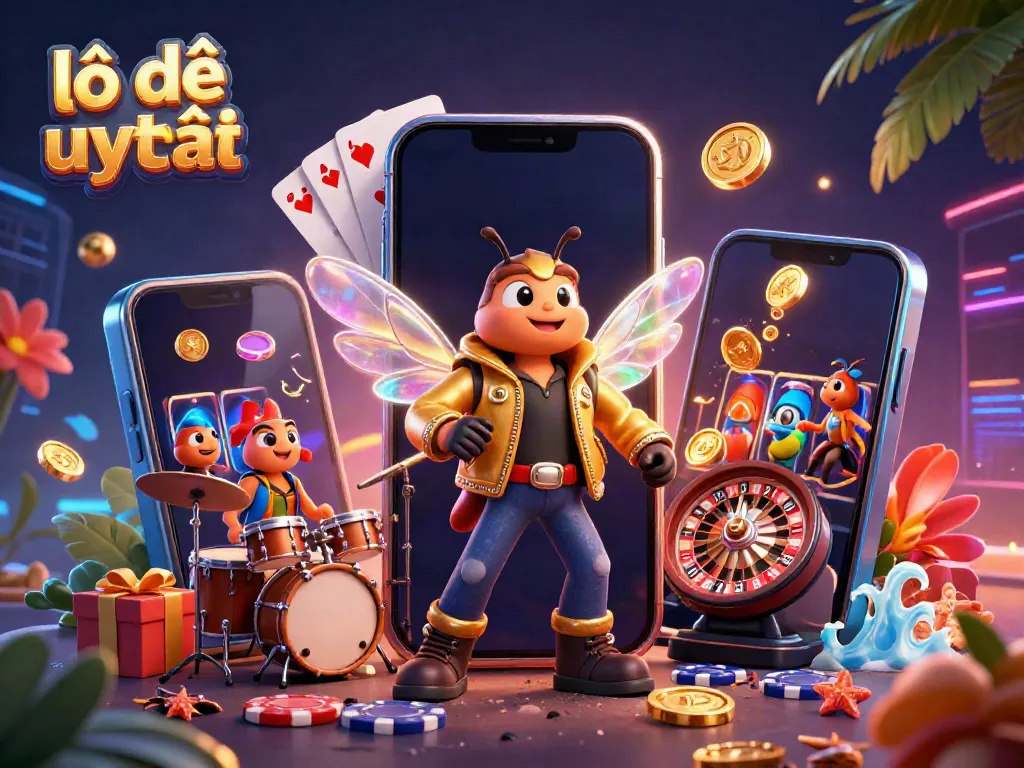 Experience lô đề uy tín with vibrant 3D casino elements featuring a rock star cicada and dynamic games.