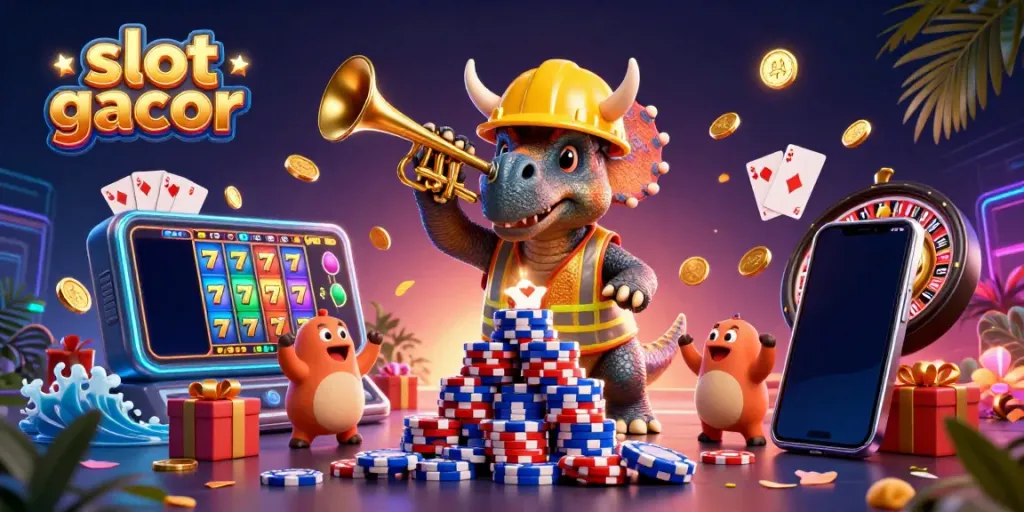 Experience slot gacor excitement with a joyful triceratops and parasaurolophus amidst vibrant casino elements.