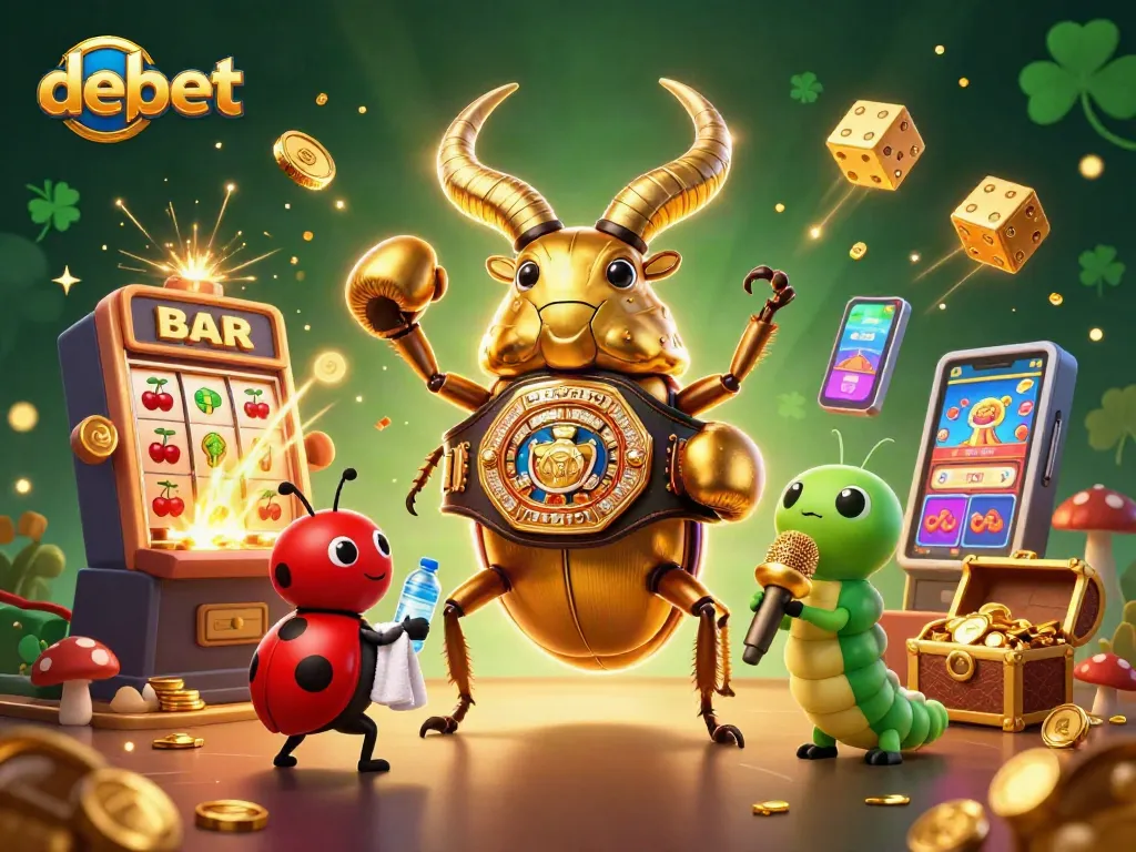 Experience the excitement at debet with a vibrant casino-themed illustration featuring unique characters.