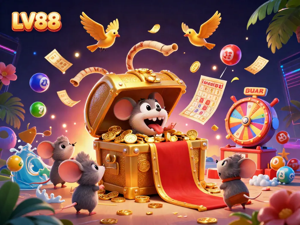Experience the thrill of LV88 with a 3D treasure chest lure and vibrant game elements dynamically surrounding it.