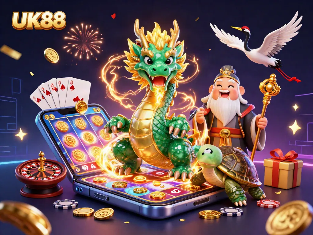 Engage in thrilling gameplay at UK88 with exciting slots and games beneath a dazzling jade dragon background.