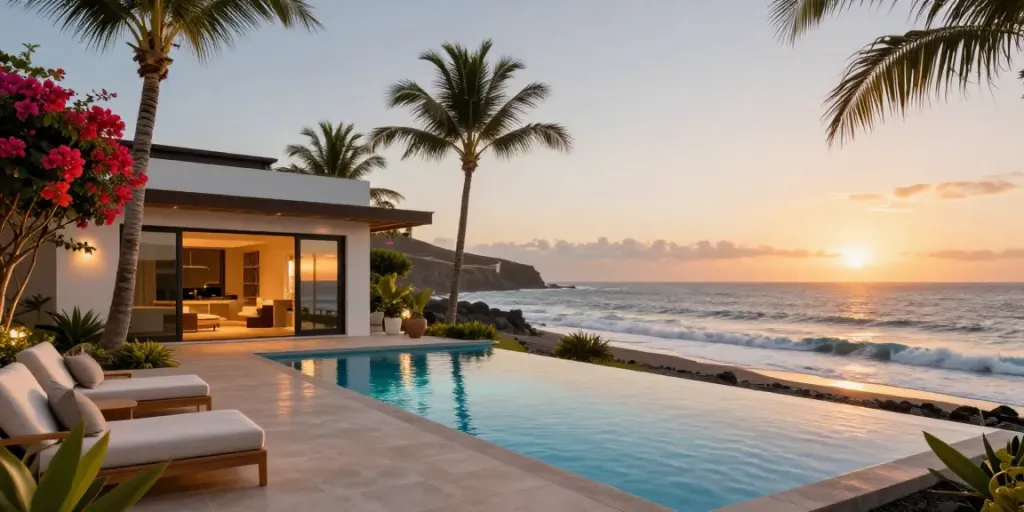 Cancasa luxury villa in the Canary Islands with ocean view and sunset.