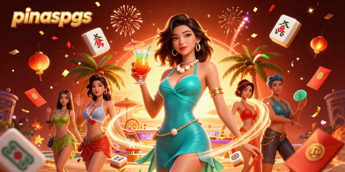 Pinaspgs visualizes an engaging scene showcasing an Asian woman enjoying tropical cocktails at a vibrant casino resort.