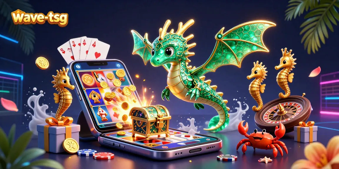 Experience vibrant gaming with wave-tsg, featuring a regal sea dragon and lively casino elements in a dynamic scene.