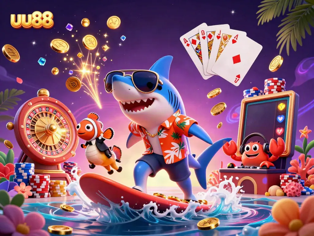 uu88 reels spin as a colorful shark surfs gold coins, showcasing casino fun.