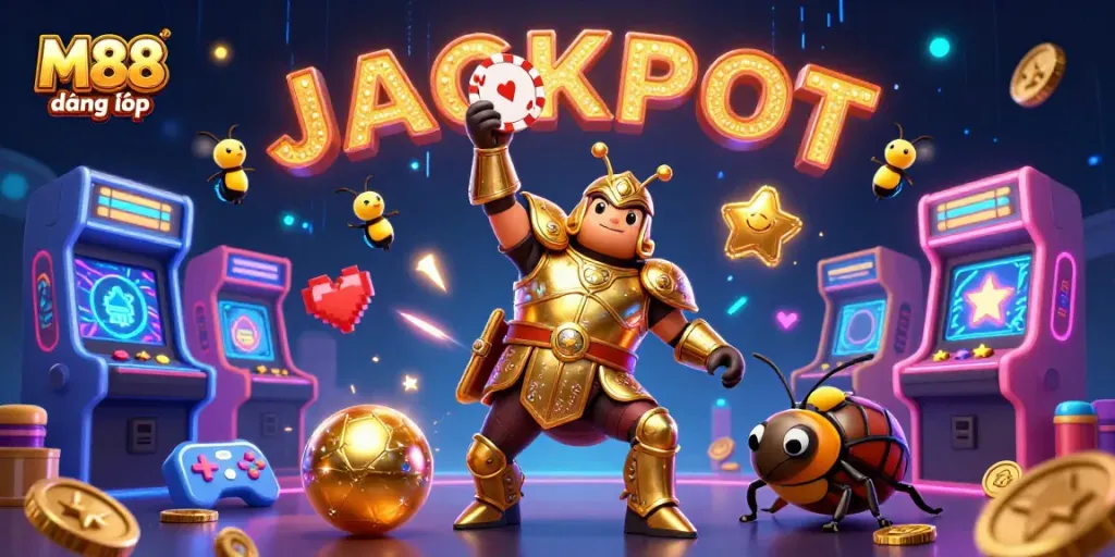 M88 đăng nhập empowers players with a thrilling illustration of a golden-armored beetle celebrating a jackpot achievement.