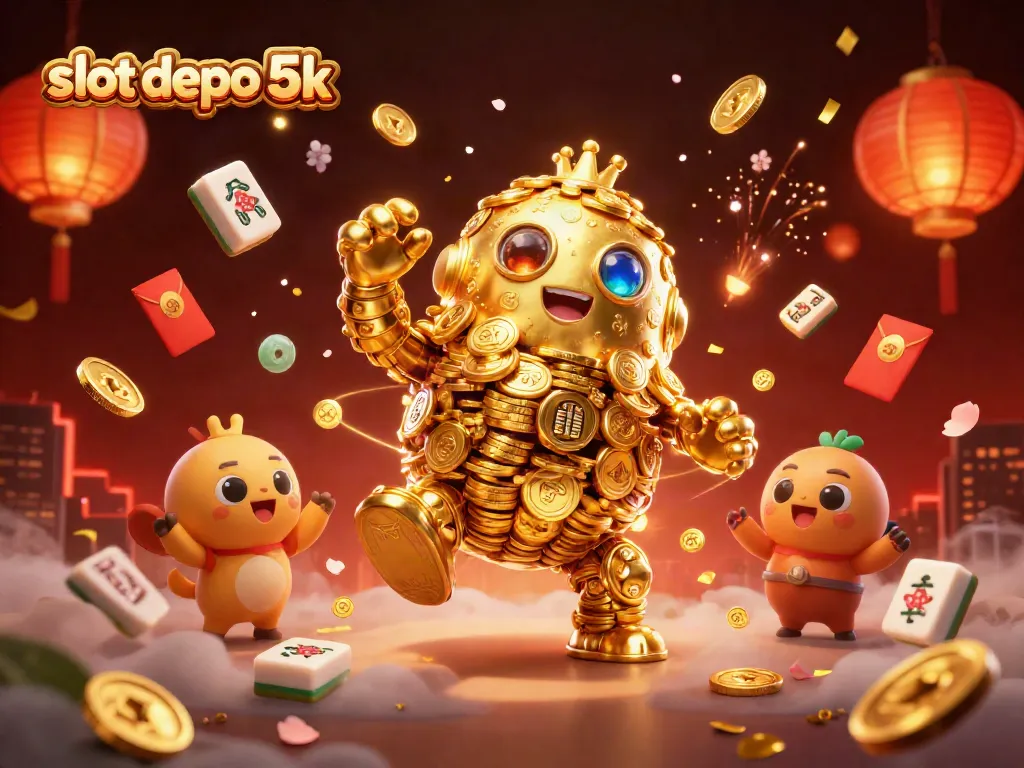 Engage in the thrill of slot depo 5k with a vibrant 3D illustration of a golden golem and casino elements.