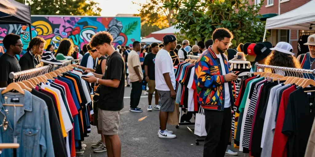 People exploring trendy outlet odzież hurt at urban market, showcasing fashion diversity.