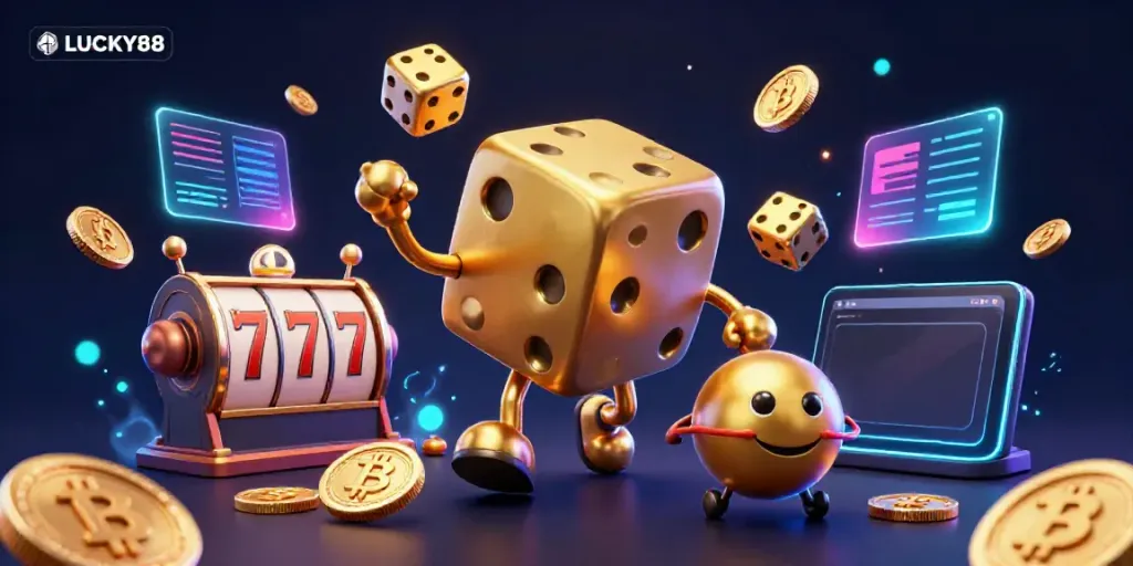 Engage with the dynamic LUCKY88 scene featuring golden dice, roulette, and cryptocurrency elements.