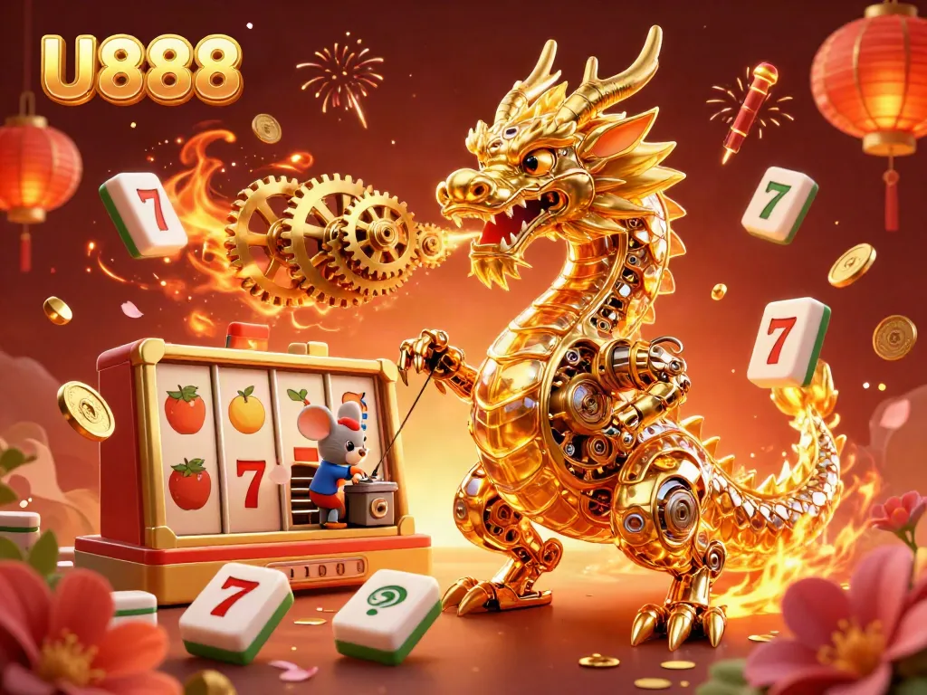 Experience the excitement with U888's golden dragon and slot reels, capturing the thrill of gaming.