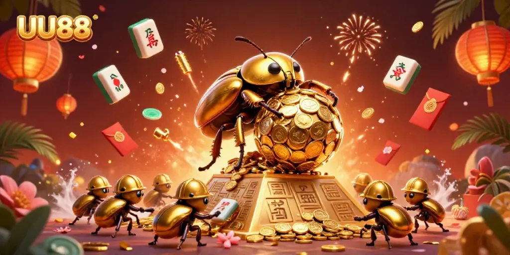 Experience thrilling gameplay at UU88, with a vibrant 3D casino scene featuring lucky symbols and gold coins.