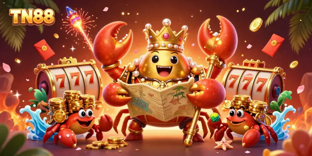 Engage with TN88's thrilling 3D casino scene showcasing a golden crab emperor amidst slot reels and festive gaming elements.