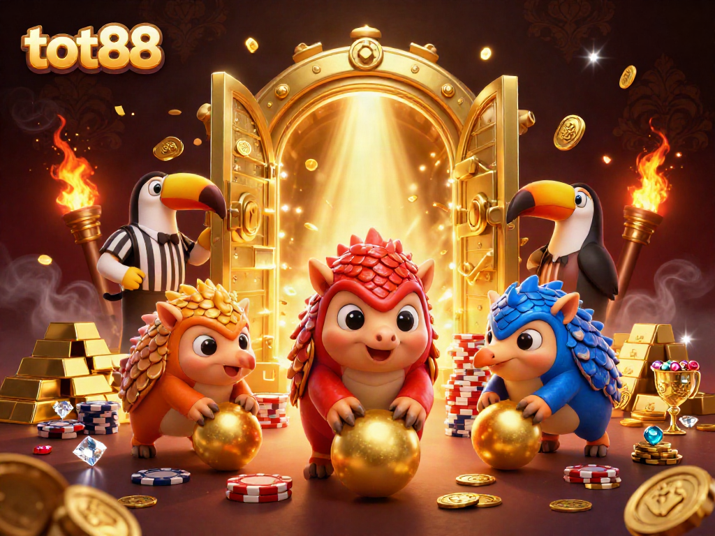 Rival pangolins in dynamic action at tot88, bowling through poker chips and golden treasures.