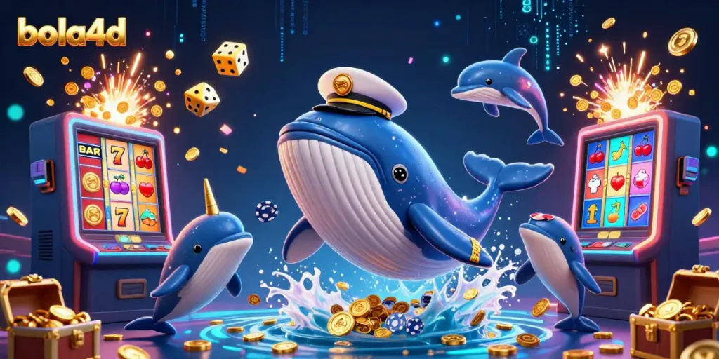 Experience the excitement of bola4d with a vibrant 3D casino scene featuring a fun whale and playful dolphins.