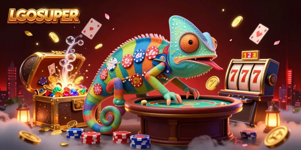 Watch LGOSUPER's vibrant 3D chameleon casino owner in a golden coin-rich scene.