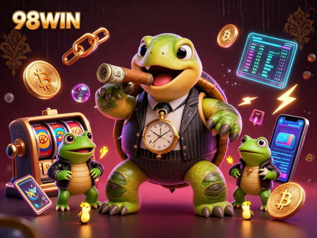 Engage with 98WIN's vibrant casino scene featuring a snapping turtle and bullfrogs among neon slot reels.