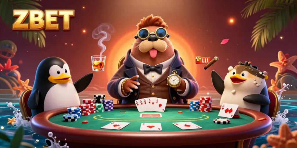 ZBET showcases a jolly walrus and friends at an underwater poker table, exemplifying a vibrant casino scene.