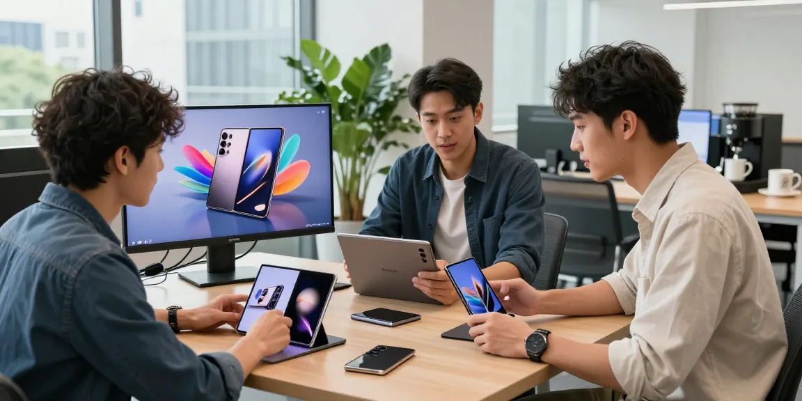 Collaboration on foldable phones 2026 in a modern urban office with professionals analyzing device features and prototypes.