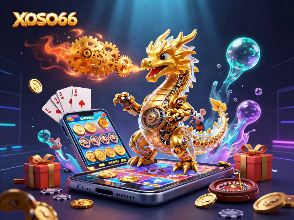 XOSO66 showcases a dynamic 3D dragon and gaming elements in a vibrant casino scene.