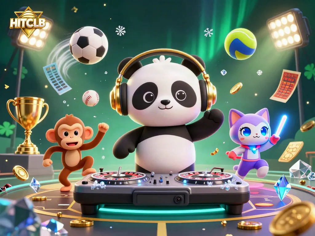 Engage with HITCLUB's thrilling atmosphere featuring a DJ panda and glowing party elements.