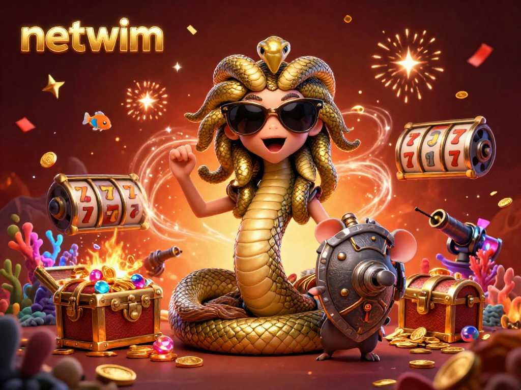 Win big with netwim in a vibrant casino scene featuring Medusa and a warrior mouse surrounded by gold and jewels.