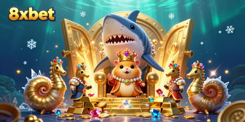 Experience the exciting world of 8xbet with an imaginative 3D casino scene featuring a hamster king and treasure galore.