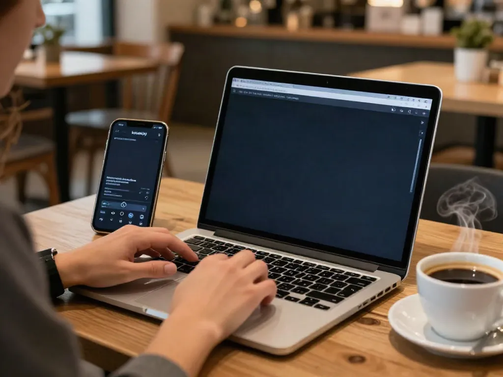 Engaging user viewing Instagram stories anonymously using Insanony tool in a café.