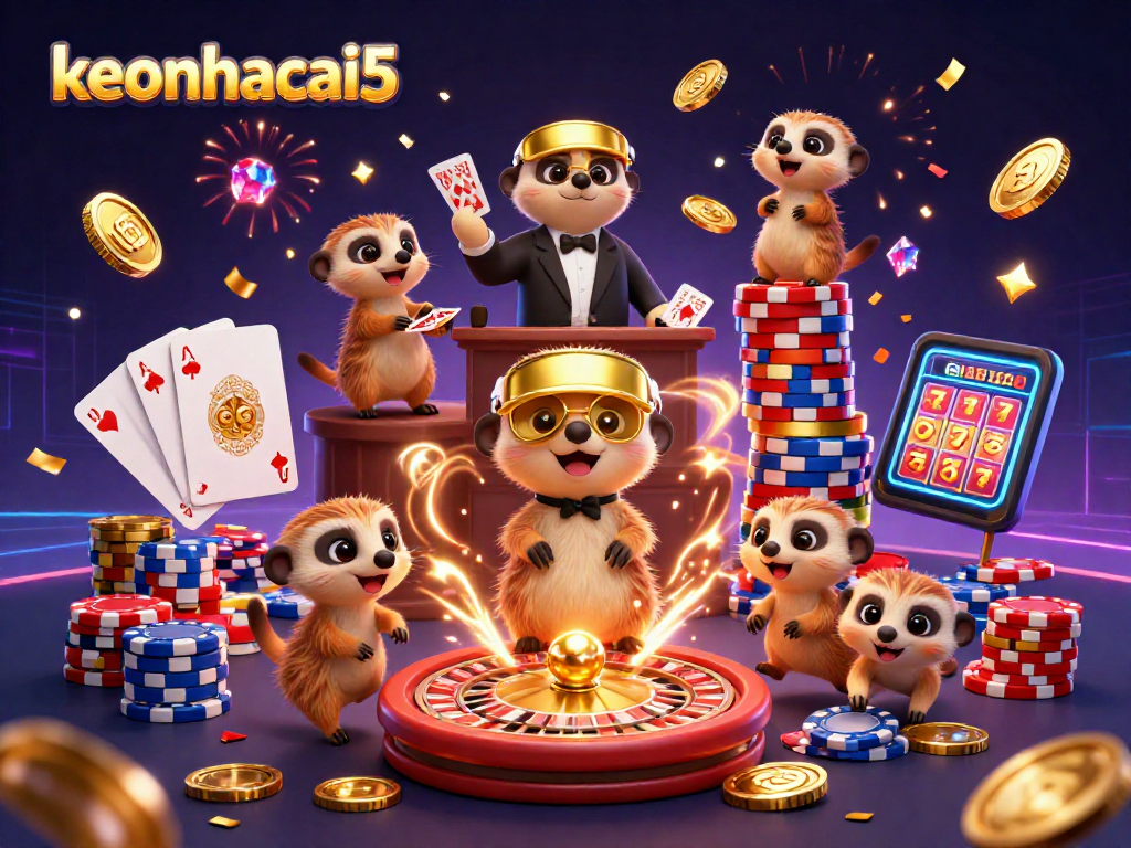 Experience keonhacai5 with meerkats managing a vibrant casino environment filled with games and excitement.