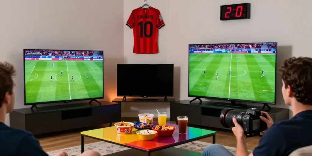 Fan enjoying live soccer on thapcamtv.ac with vibrant atmosphere.