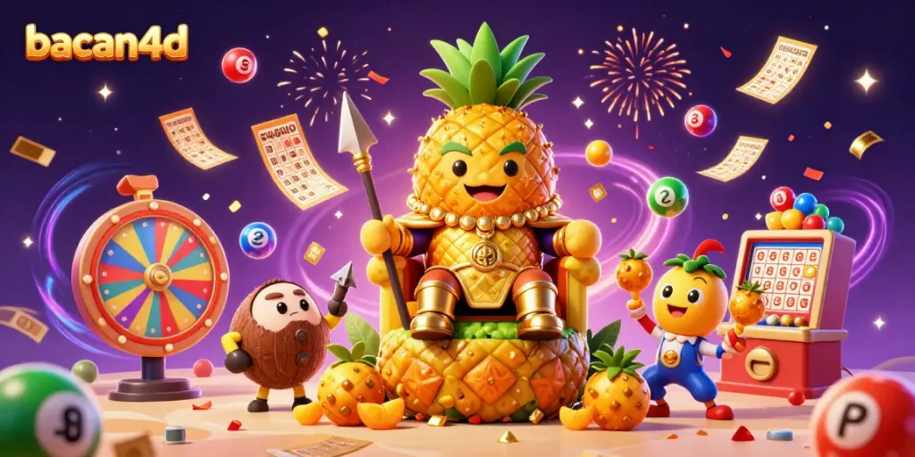 Engage in thrilling gameplay with bacan4d as a golden pineapple king dominates a vibrant casino scene.