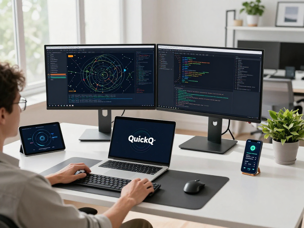 使用quickq优化网络性能的现代工作环境，开发者专注于多屏幕显示实时分析。