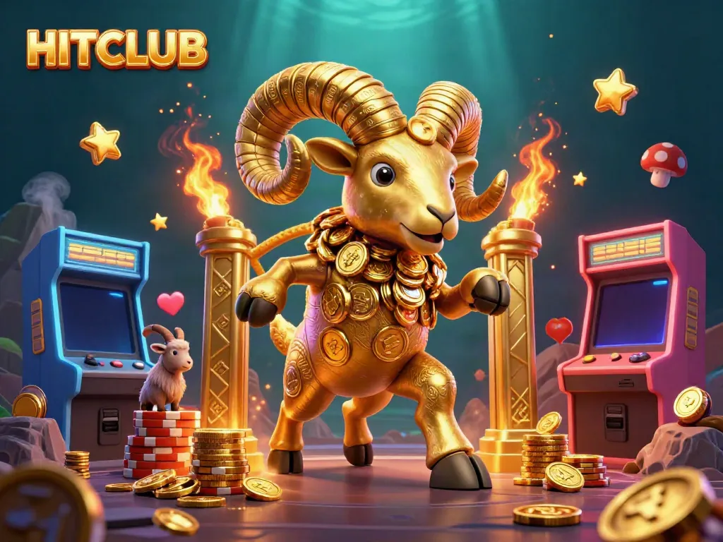 HITCLUB showcases an animated scene with a golden ram charging through casino symbols, igniting excitement.