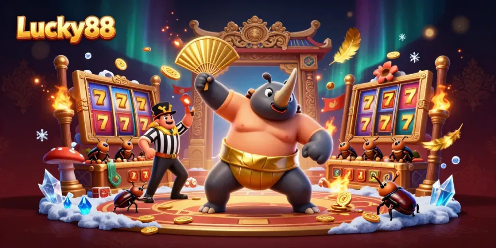 Lucky88 casino illustration featuring a beetle sumo champion and dynamic slot elements.