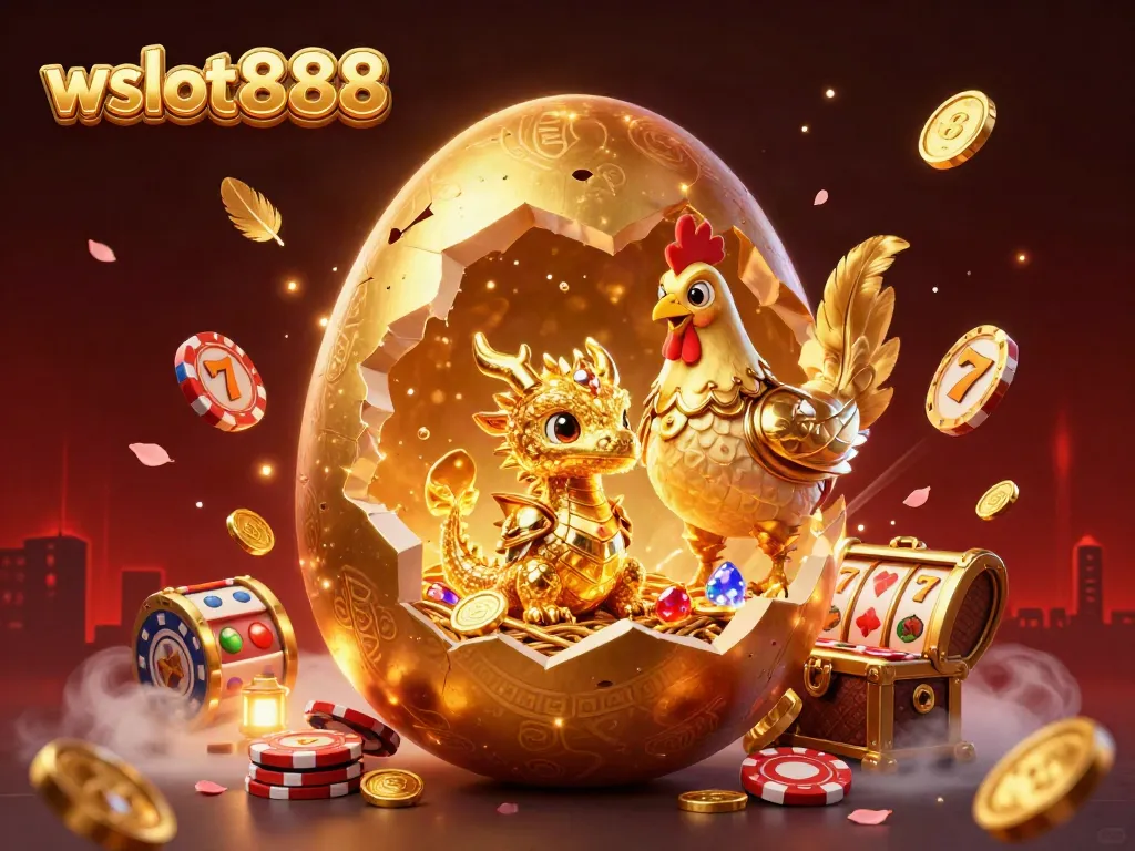 Menangkan jackpot wslot888 dengan naga emas yang dijaga oleh ayam induk, dikelilingi chip poker.
