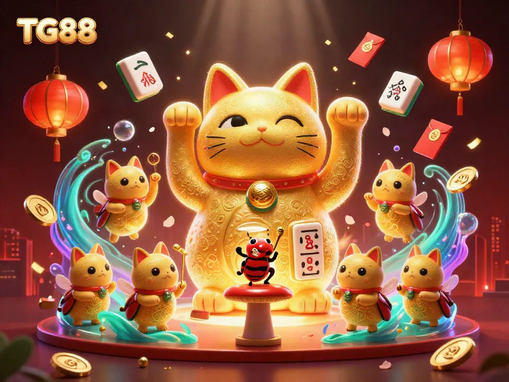 Experience the vibrant world of TG88 through a colorful, dynamic scene of a lucky cat made of fireflies amidst casino elements.