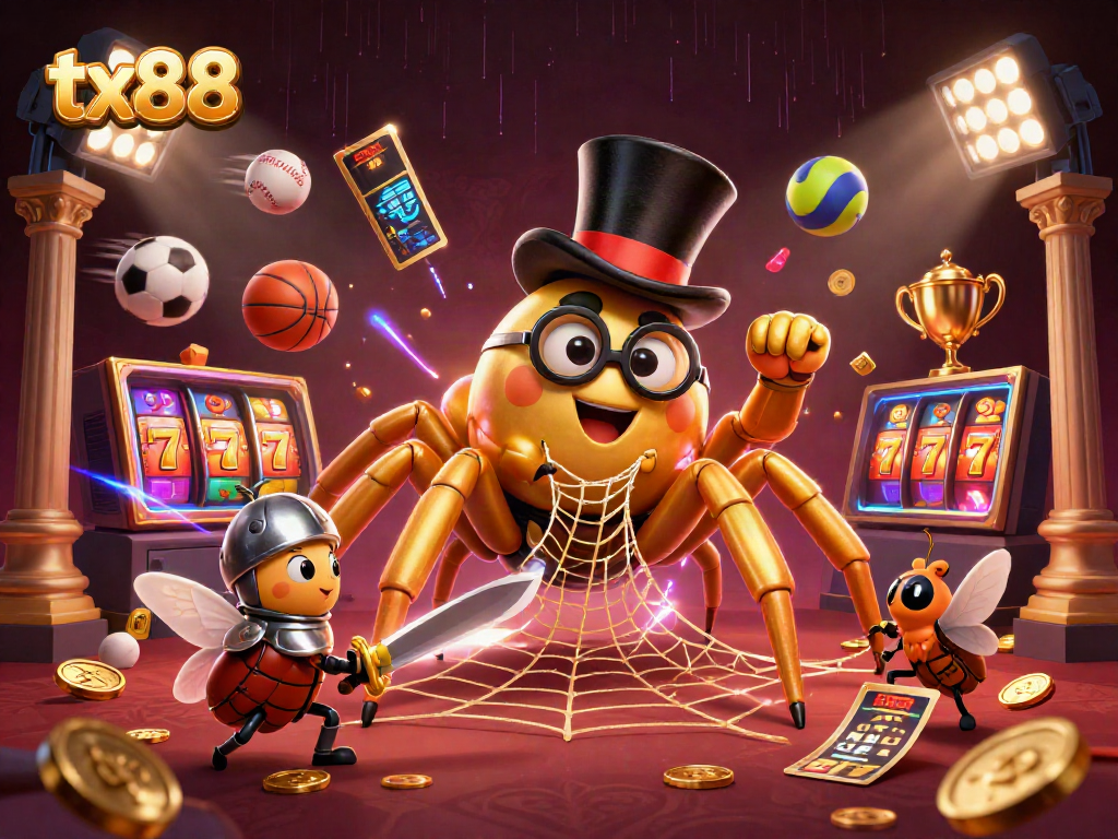 Experience dynamic gaming with tx88 featuring a golden tarantula, sports elements, and vibrant casino visuals.