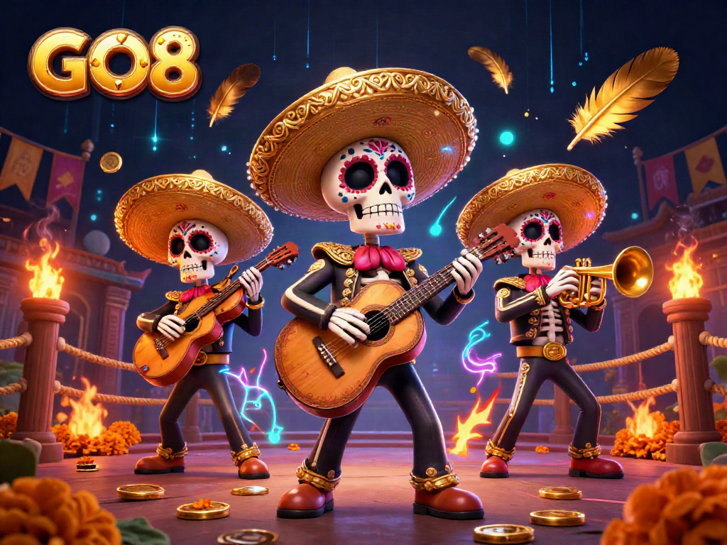 Engage with GO8's colorful Day of the Dead mariachi band amidst animated gambling elements.