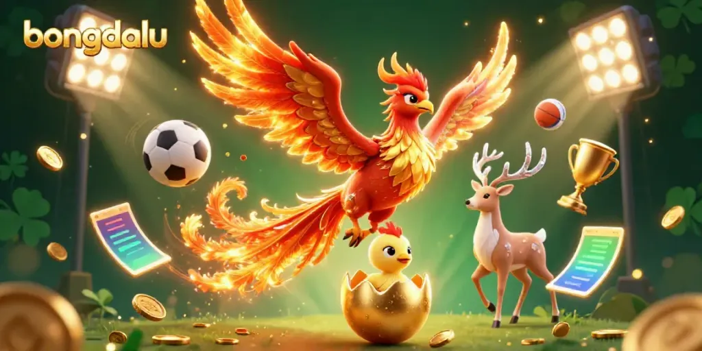 Bongdalu enhances sports betting visuals with dynamic phoenix and sports elements in a vibrant illustration.