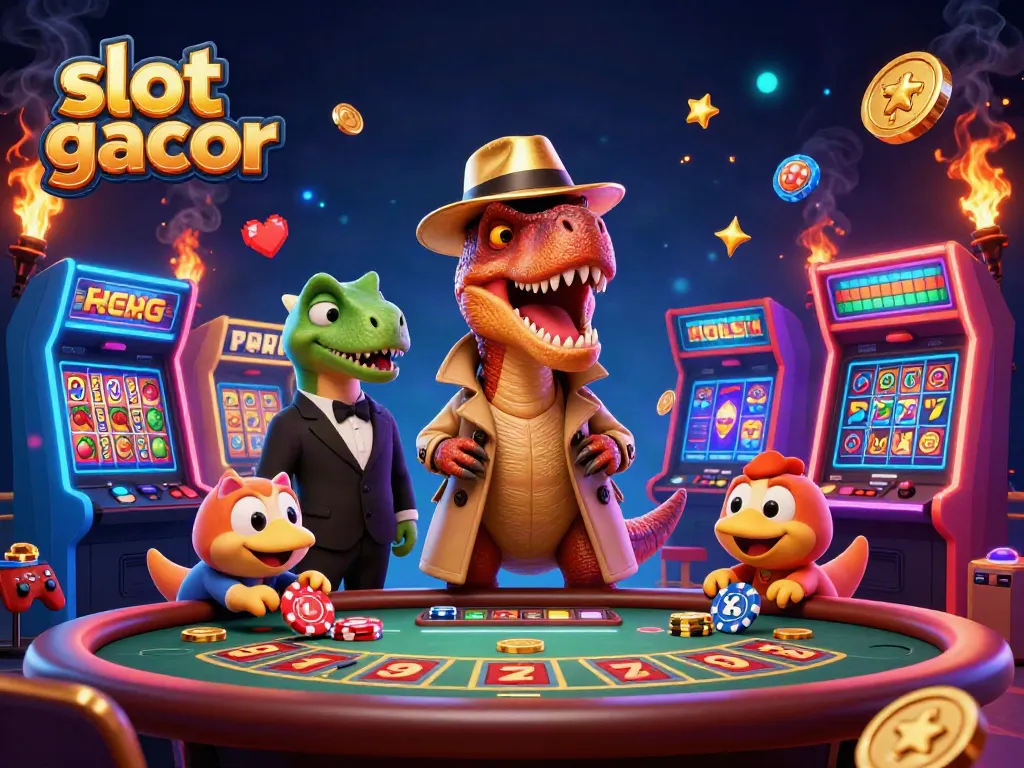 A colorful casino scene featuring slot gacor with a cartoon velociraptor and stegosaurus at a blackjack table.