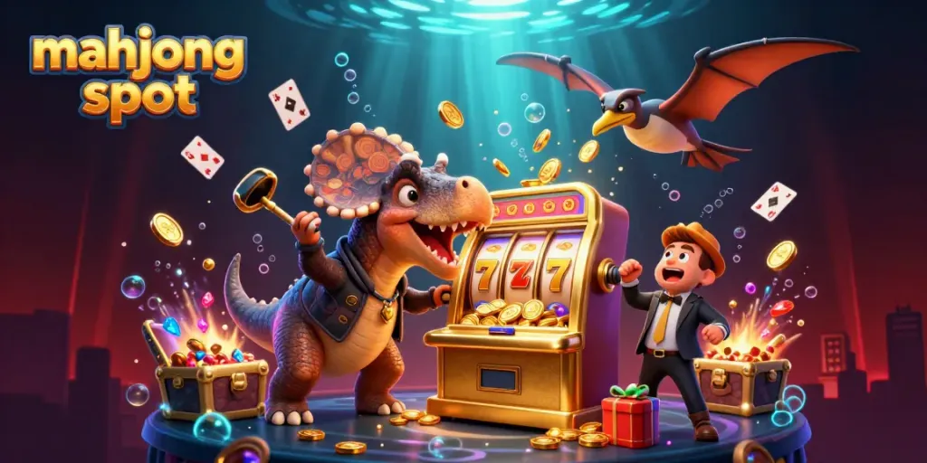 Exciting scene of a pachycephalosaurus hitting a golden slot machine to win coins in a mahjong slot casino.