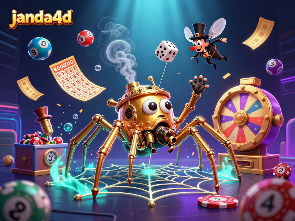 Menang di janda4d dengan ilustrasi 3D menarik yang menampilkan elemen permainan judi interaktif.