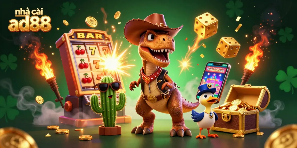 Engaging 3D scene showcasing nhà cái ad88 with a T-Rex, cactus, and roadrunner amid a jackpot explosion.