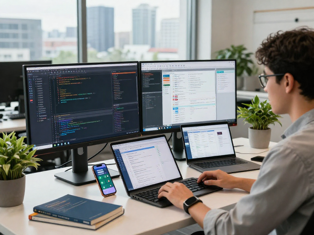 Innovative software development agency team collaborating in a modern workspace with dual monitors and coding display.