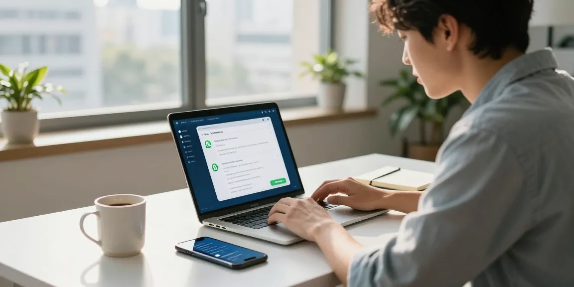Young professional using WhatsApp網頁版 in a modern workspace.