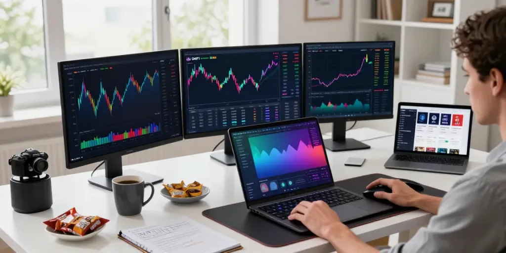 Advanced trading workspace featuring real-time stock market API analysis with cryptocurrency data on multiple screens.