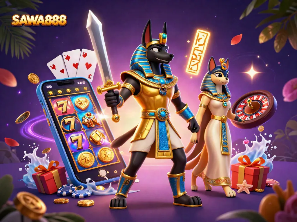 Engage with SAWA888 through vibrant slot game dynamics alongside Anubis and Bastet.