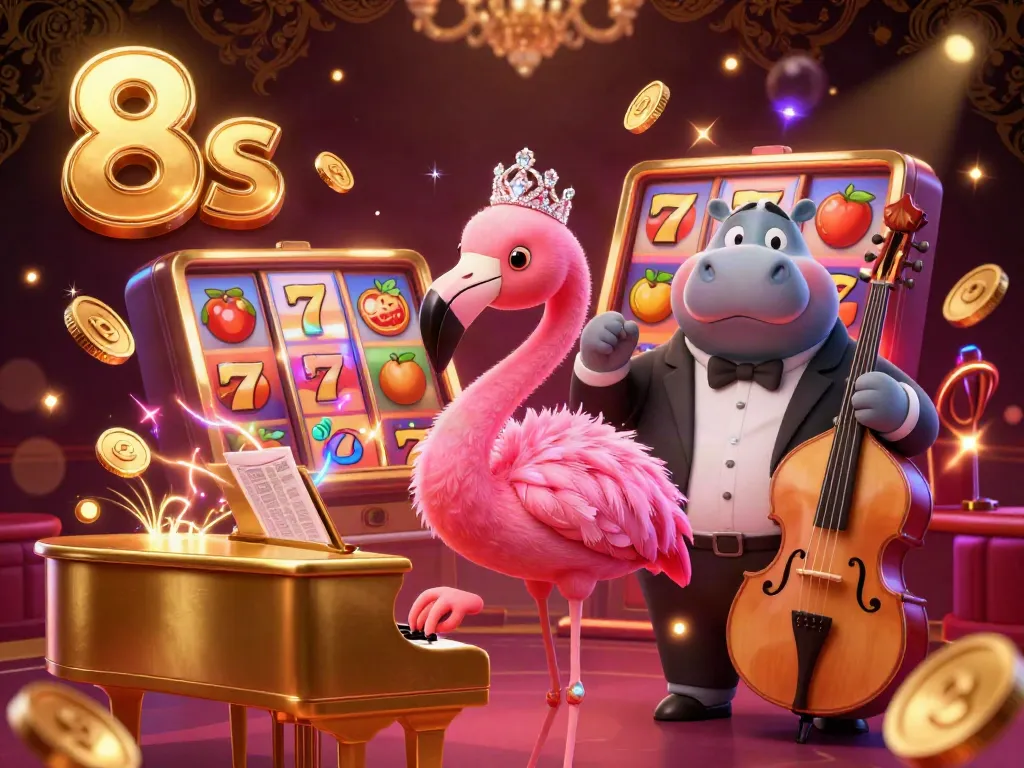Experience vibrant gaming at 8s with a flamboyant flamingo singer and hippo bassist in this casino scene.