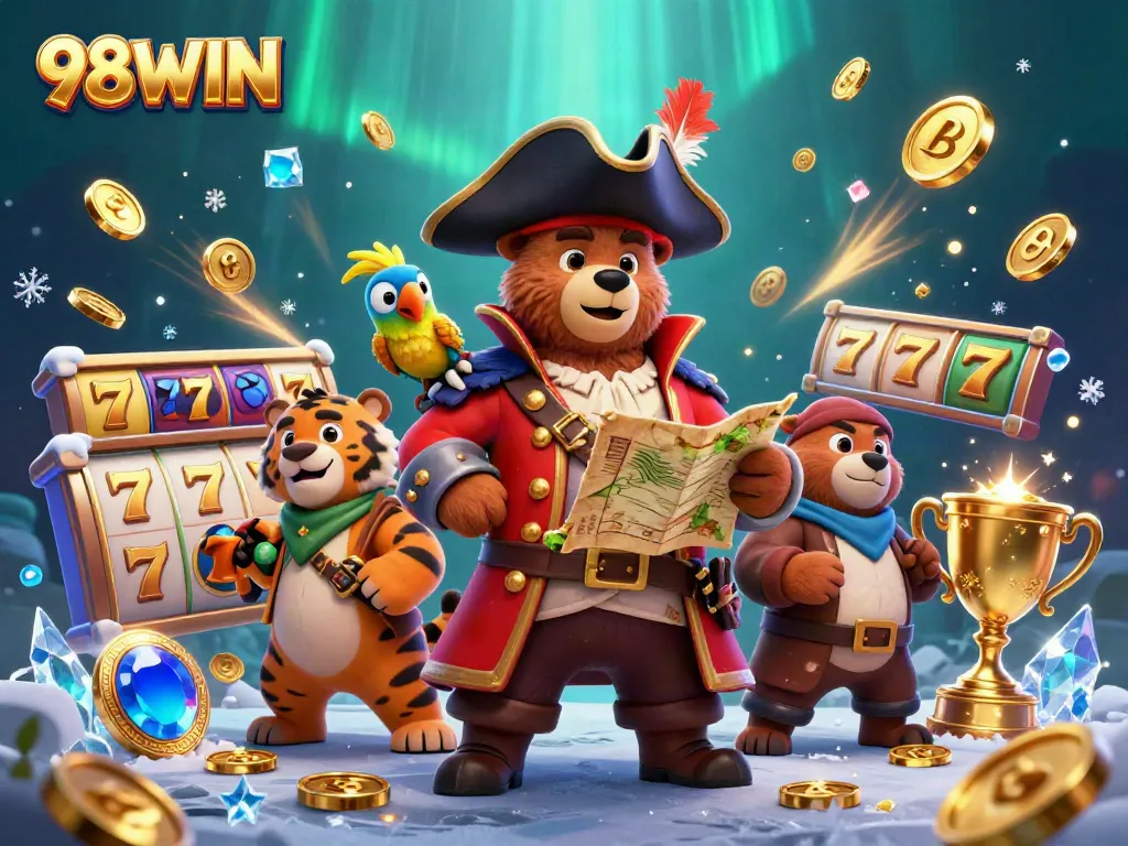 Experience thrilling wins at 98WIN with a vibrant 3D pirate-themed casino illustration.