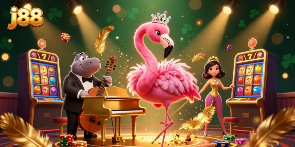 Experience the excitement with j88 in this vibrant casino scene featuring singing flamingos and hippos.